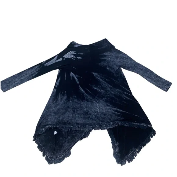 American Age Open Front Boho Fringe Acid Wash Black Tie Dye Cardigan Sz Small - Picture 13 of 16